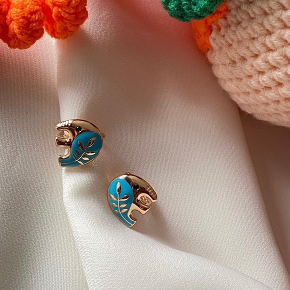 LAST ONE Elephant Hoop Earrings 18k Gold Plated Enameled Luxury Jewelry - Picture 4 of 10